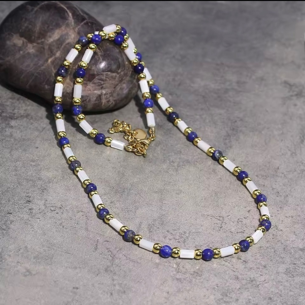 Stainless Steel Natural Shell & Lapis Lazuli Beaded Necklace Boho Chic , NWT